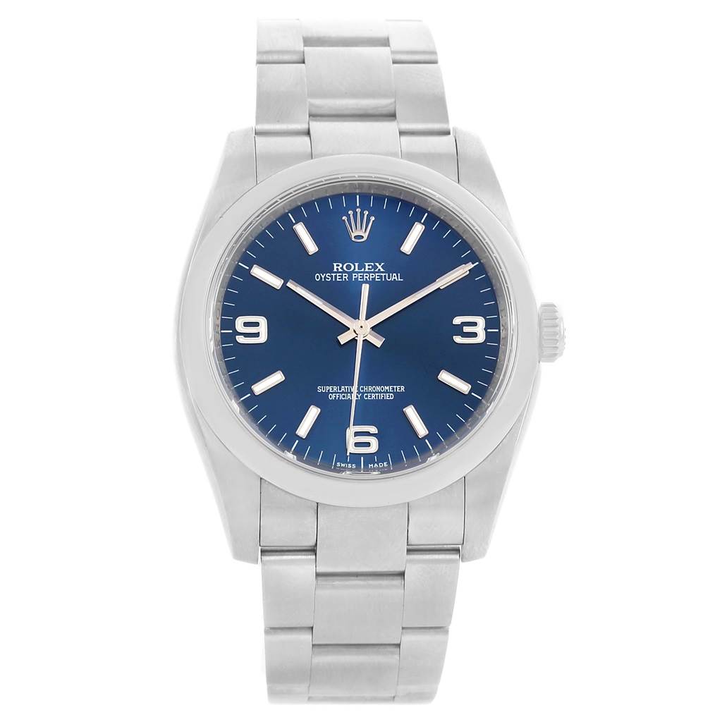 This image shows a front view of a Rolex Oyster Perpetual 116000 Men's Blue Dial 116000 Men's Blue Dial watch, highlighting its blue dial, silver hands, and bracelet.