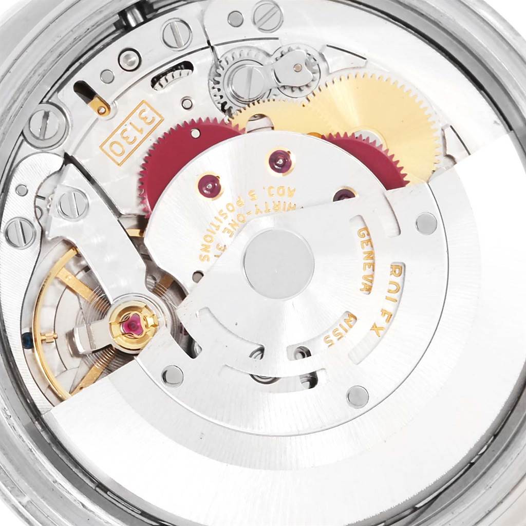 The image shows an internal close-up view of the movement mechanism of a Rolex Oyster Perpetual 116000 Men's Stainless Steel Black Dial 116000 Men's Stainless Steel Black Dial watch.
