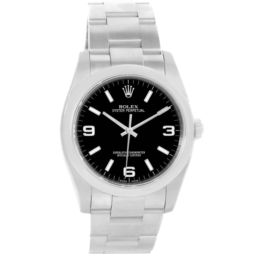 This image shows a front view of a Rolex Oyster Perpetual 116000 Men's Stainless Steel Black Dial 116000 Men's Stainless Steel Black Dial watch, including its face, case, and bracelet.