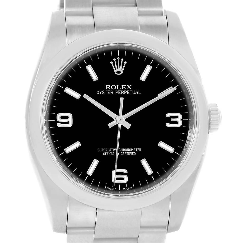 The image shows a frontal view of a Rolex Oyster Perpetual 116000 Men's Stainless Steel Black Dial 116000 Men's Stainless Steel Black Dial watch, displaying its black dial, hands, markers, and bracelet.