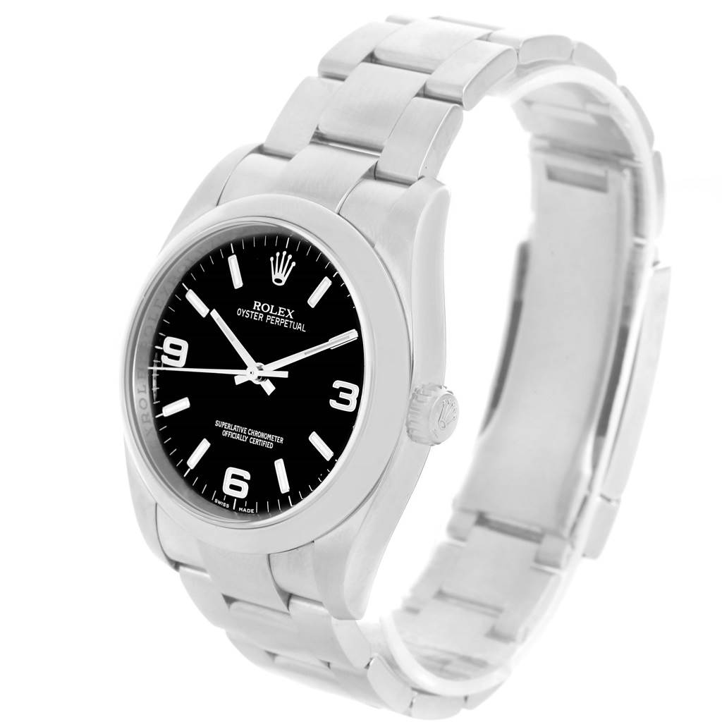 This image shows a frontal angle of the Rolex Oyster Perpetual 116000 Men's Stainless Steel Black Dial 116000 Men's Stainless Steel Black Dial watch, displaying its black dial, silver casing, and bracelet.