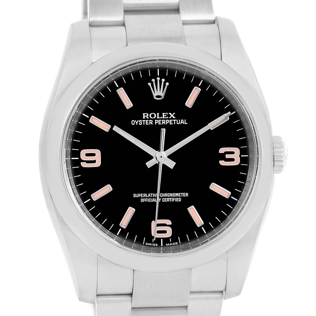 This image shows a Rolex Oyster Perpetual 116000 Men's Stainless Steel Black Dial 116000 Men's Stainless Steel Black Dial watch from the front, highlighting its black dial, hour markers, and metal bracelet.
