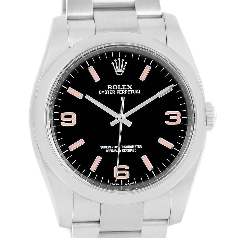 Rolex No Date Mens Black Dial Pink Hour Markers Steel Watch 116000 SwissWatchExpo