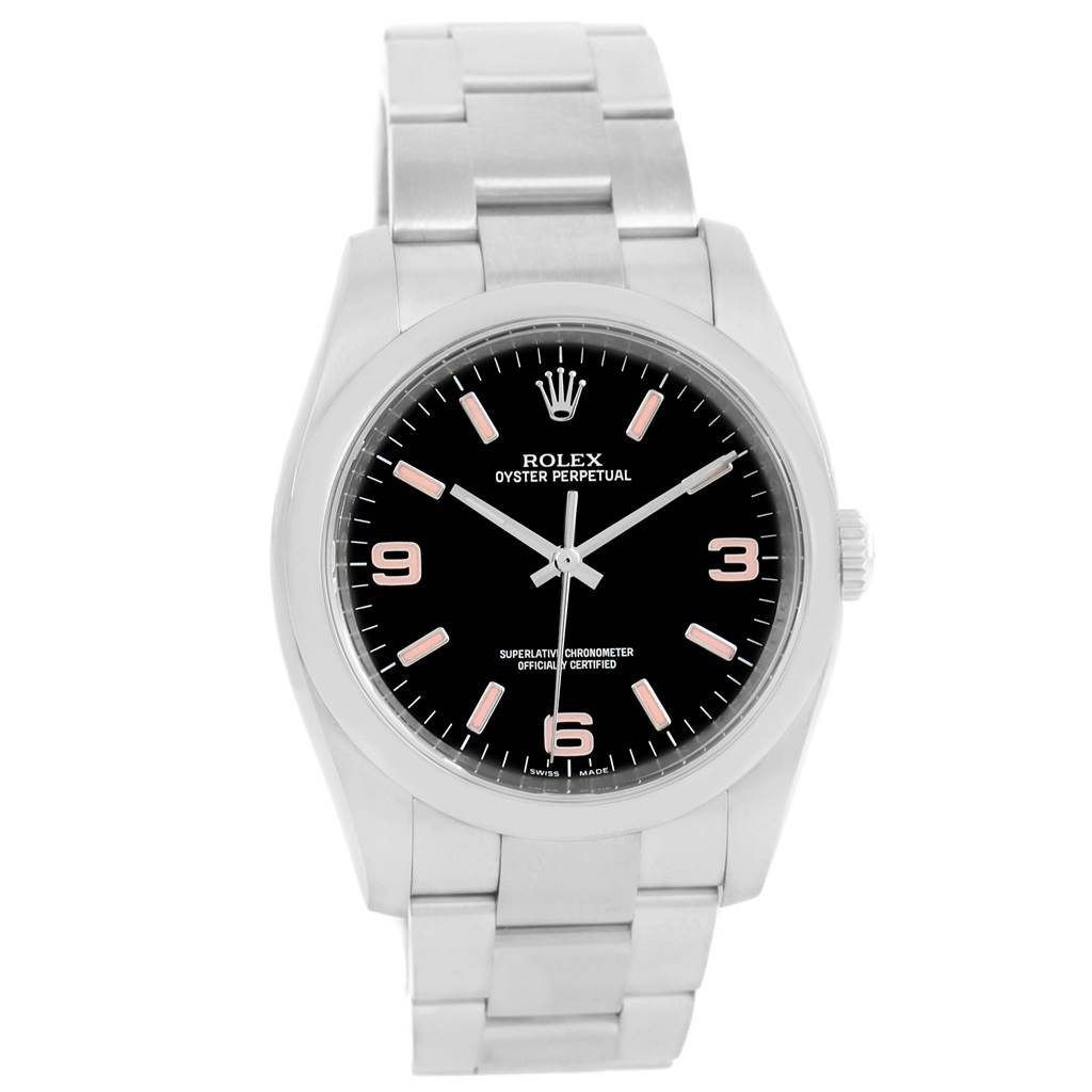 This image shows a front view of a Rolex Oyster Perpetual 116000 Men's Stainless Steel Black Dial 116000 Men's Stainless Steel Black Dial watch, highlighting its black dial, silver case, and bracelet.