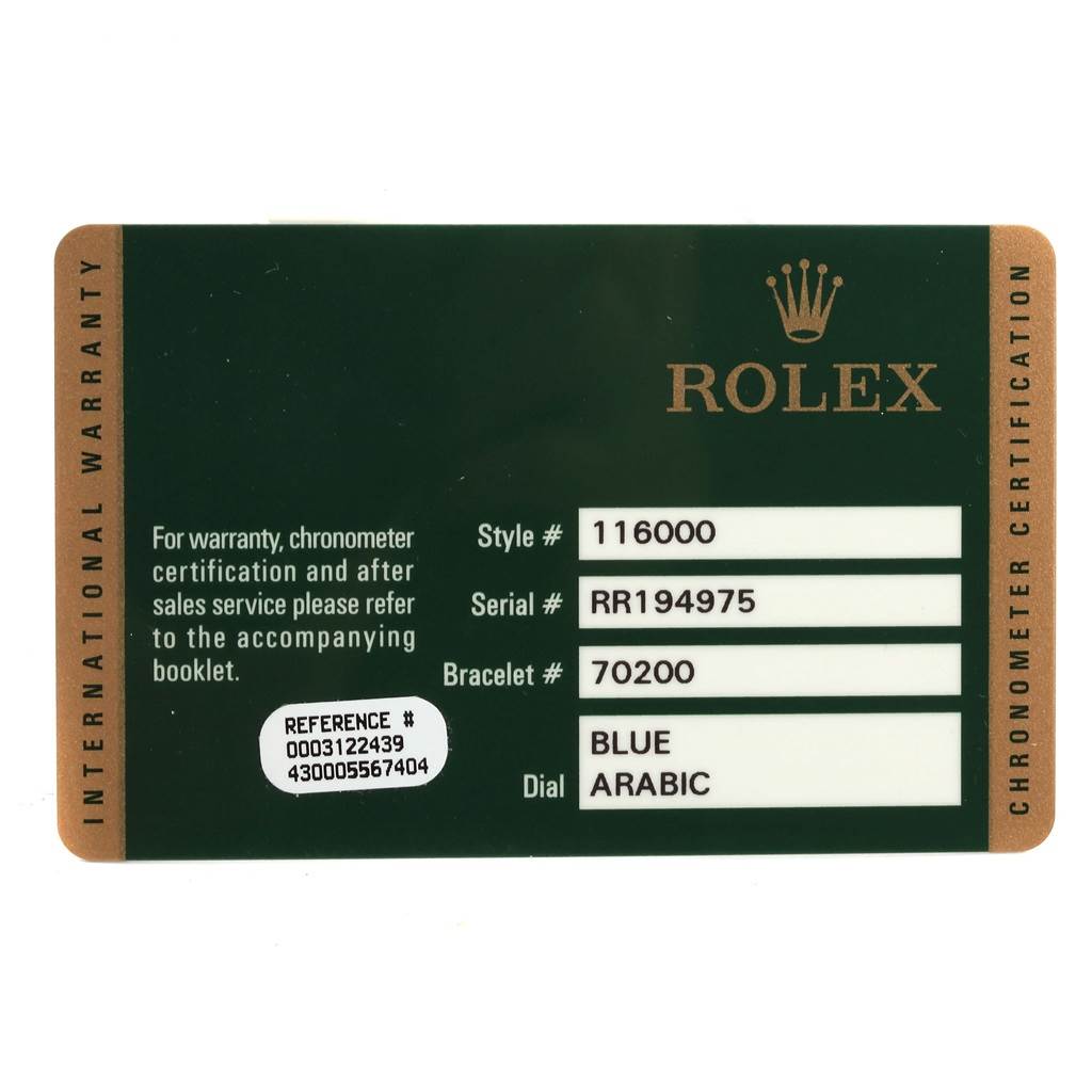 The image shows a Rolex Oyster Perpetual 116000 Men
s Stainless Steel Blue Dial 116000 Men
s Stainless Steel Blue Dial warranty card displaying model details such as style, serial, bracelet, and dial information.