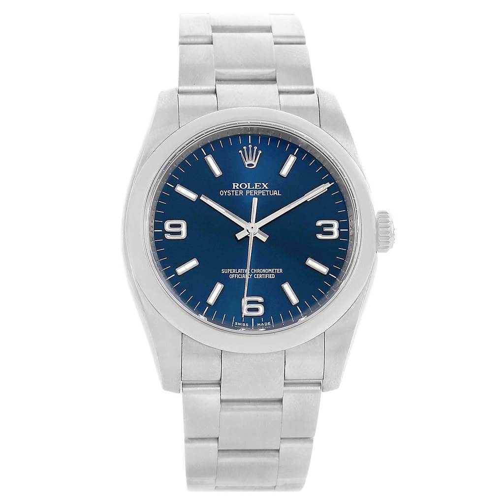 This image shows a front view of the Rolex Oyster Perpetual 116000 Men
s Stainless Steel Blue Dial 116000 Men
s Stainless Steel Blue Dial watch, highlighting its silver bracelet, blue dial, and crown.