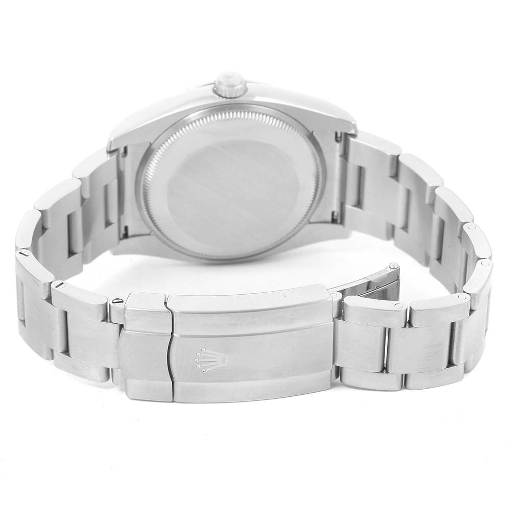 The image shows the back and clasp of the Oyster Perpetual model by Rolex at a rear angle.