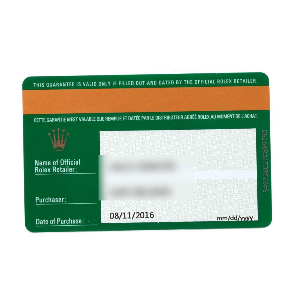 This image shows the guarantee card for the Rolex Oyster Perpetual 114200 Men's Stainless Steel Blue Dial 114200 Men's Stainless Steel Blue Dial model.