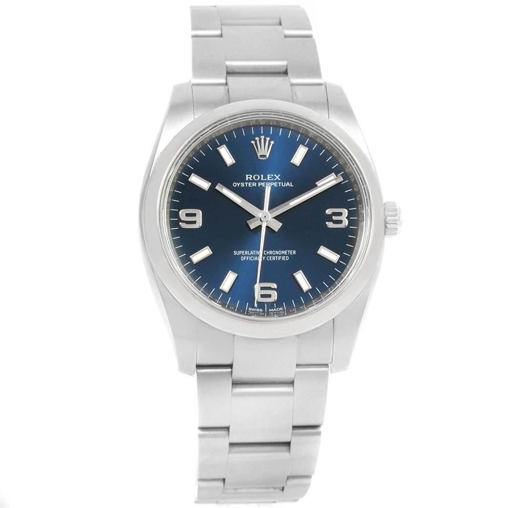 This image shows the front view of a Rolex Oyster Perpetual 114200 Men's Stainless Steel Blue Dial 114200 Men's Stainless Steel Blue Dial watch, highlighting its blue dial, stainless steel case, and bracelet.