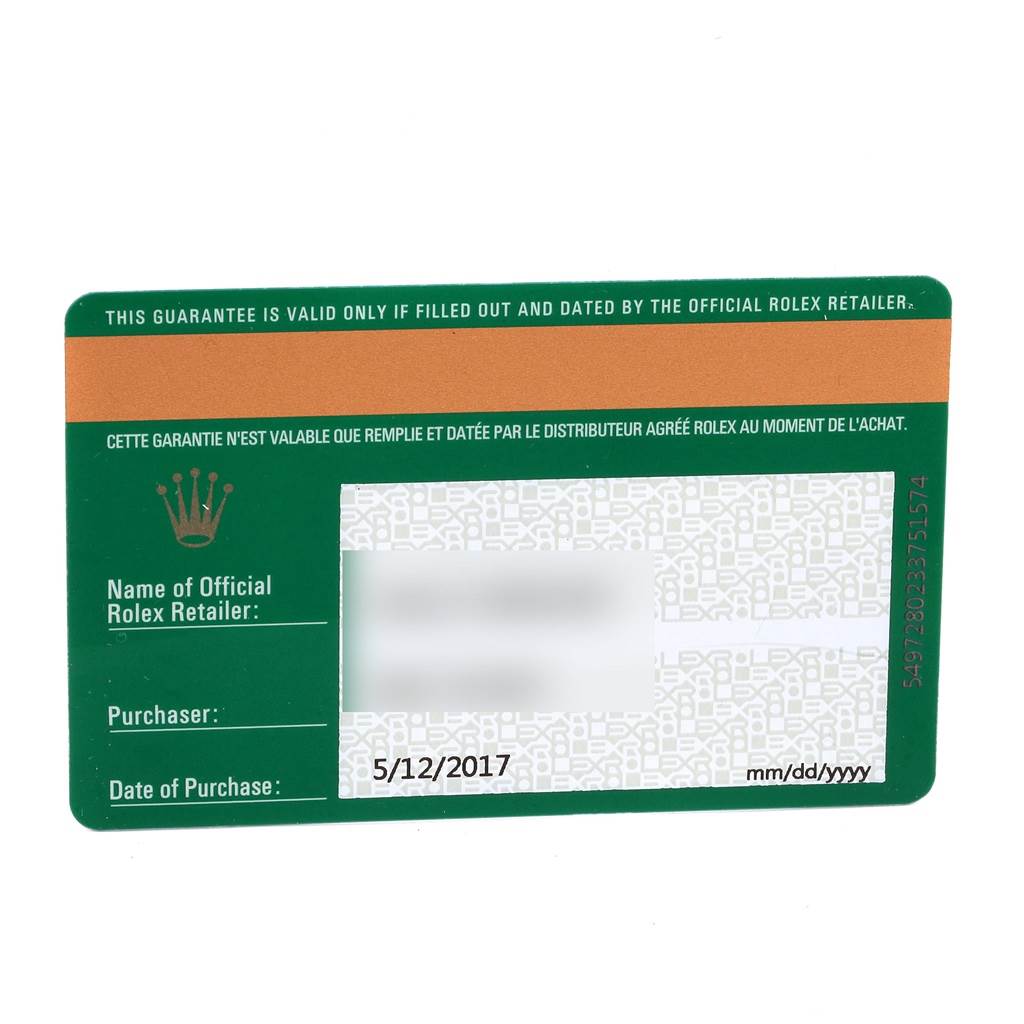 This image shows a guarantee card for a Rolex Oyster Perpetual 114200 Men's Stainless Steel Silver Dial 114200 Men's Stainless Steel Silver Dial watch, detailing purchase info and retailer information.