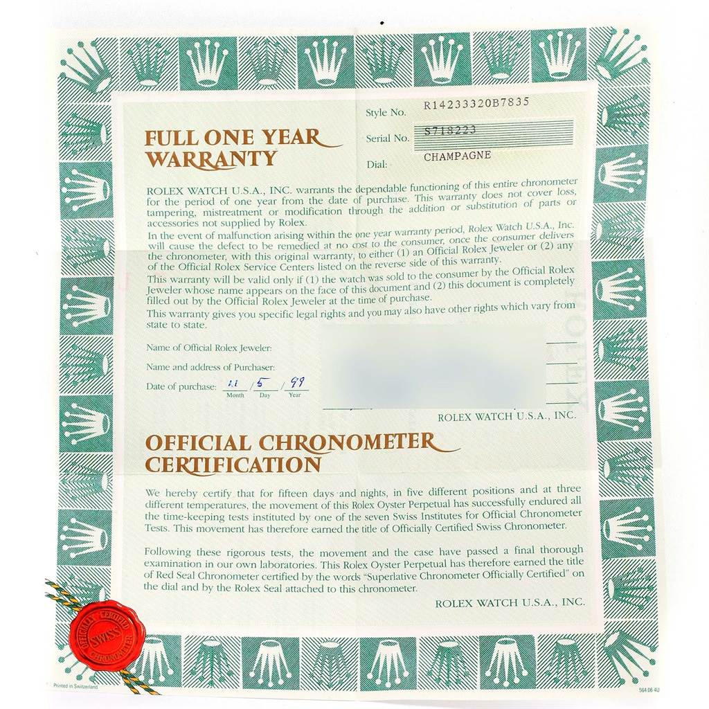 This image shows a full one-year warranty certificate and official chronometer certification for the Rolex Oyster Perpetual 14233 Men's Steel and Gold (two tone) Champagne Dial 14233 Men's Steel and Gold (two tone) Champagne Dial watch.