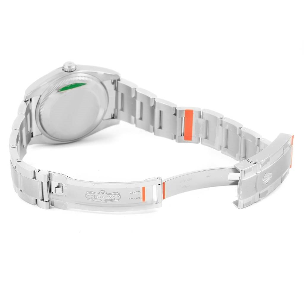 This image shows the back view of the Rolex Oyster Perpetual 114200 Men's Stainless Steel Champagne Dial 114200 Men's Stainless Steel Champagne Dial watch with its stainless steel bracelet and clasp extended.