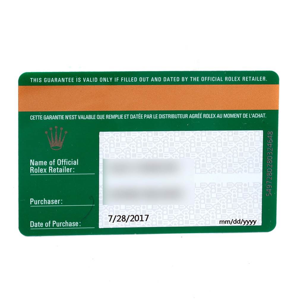 This image shows a warranty card for an Oyster Perpetual Rolex watch, including the purchase date and retailer information.