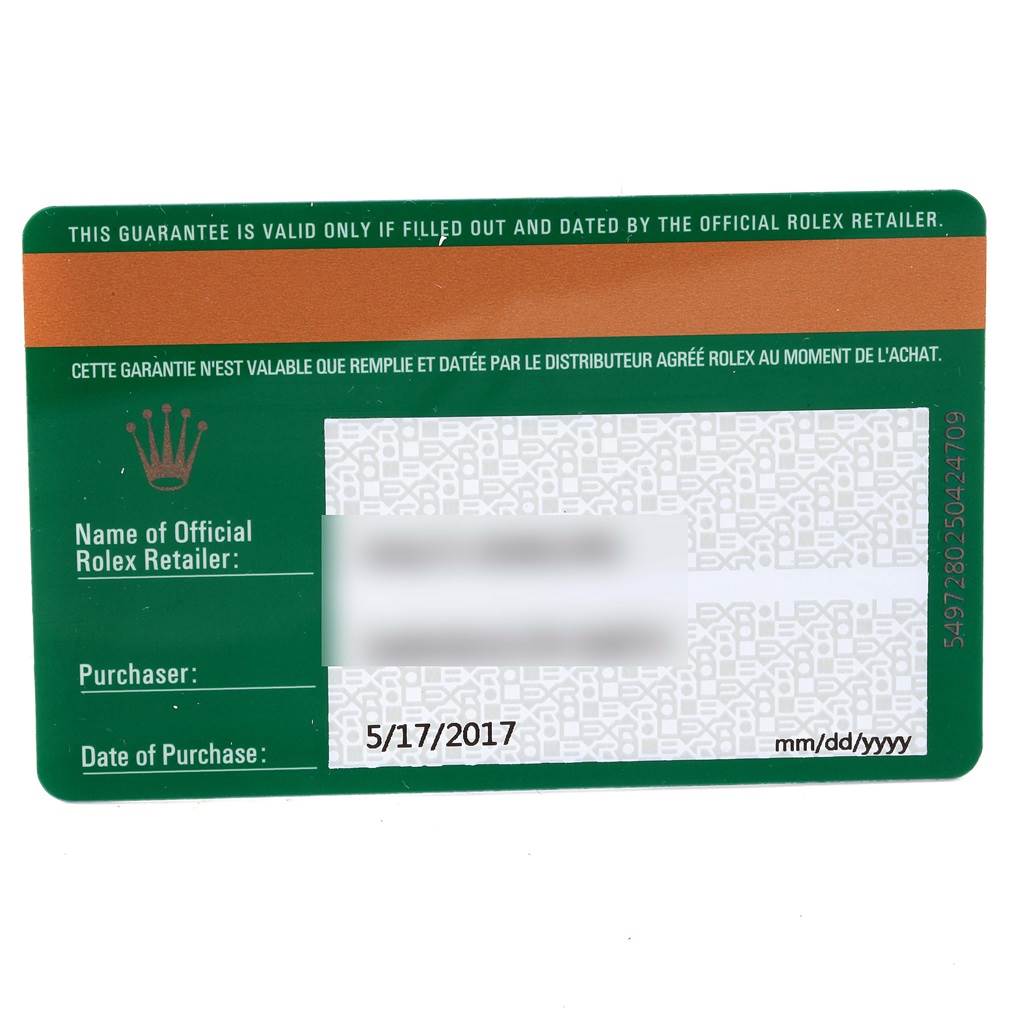 This image shows the credit card-style guarantee card for a Rolex Oyster Perpetual 114200 Stainless Steel Blue Dial 114200 Stainless Steel Blue Dial watch.