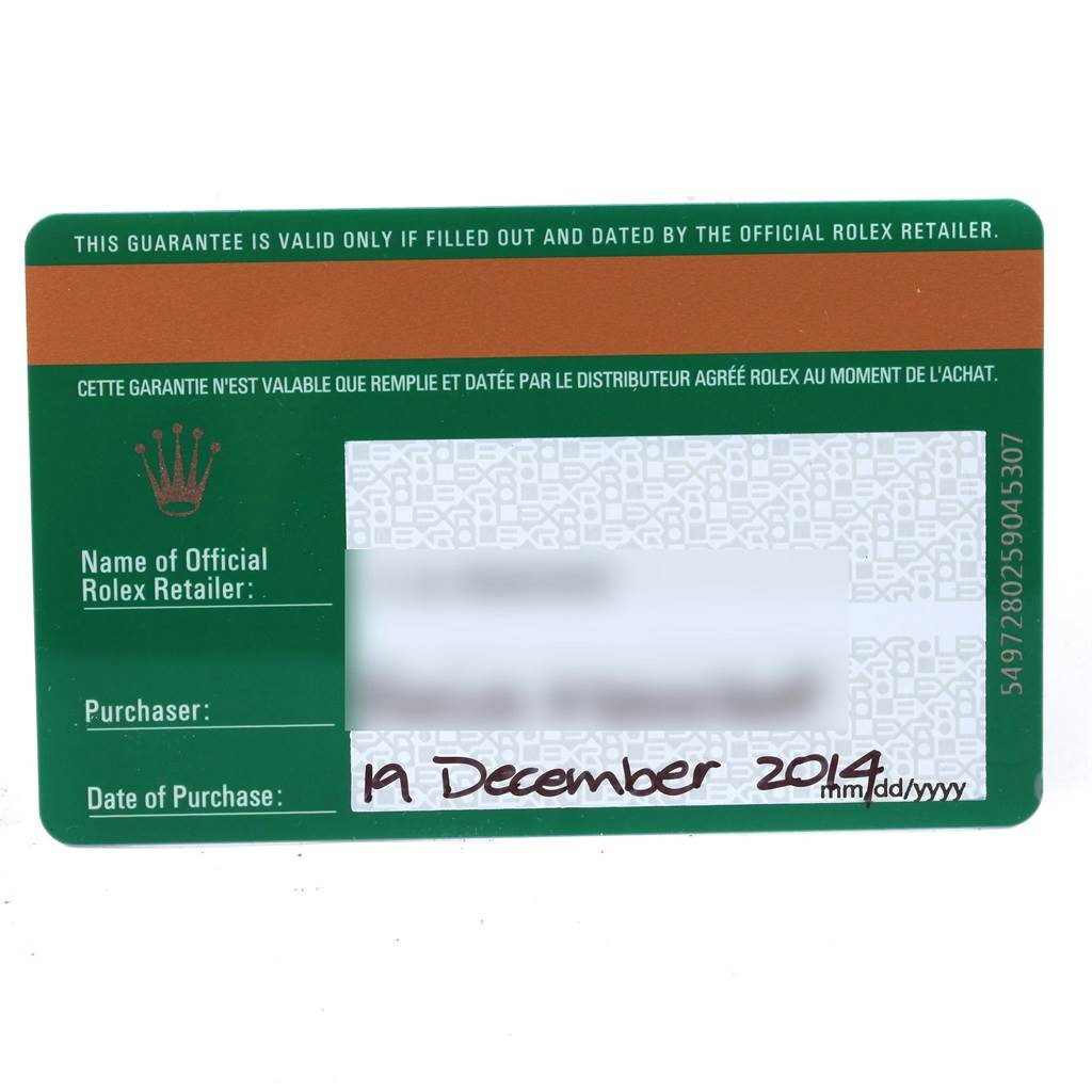 The image shows a warranty card for a Rolex Oyster Perpetual 116000 Men's Stainless Steel Black Dial 116000 Men's Stainless Steel Black Dial watch.