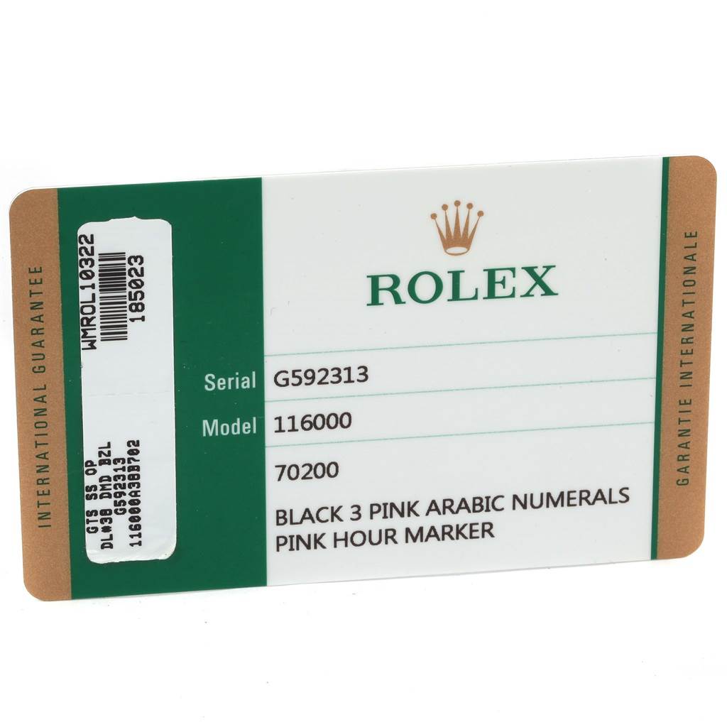 The image shows the front side of a warranty card for a Rolex Oyster Perpetual 116000 Men's Stainless Steel Black Dial 116000 Men's Stainless Steel Black Dial model 116000 watch.