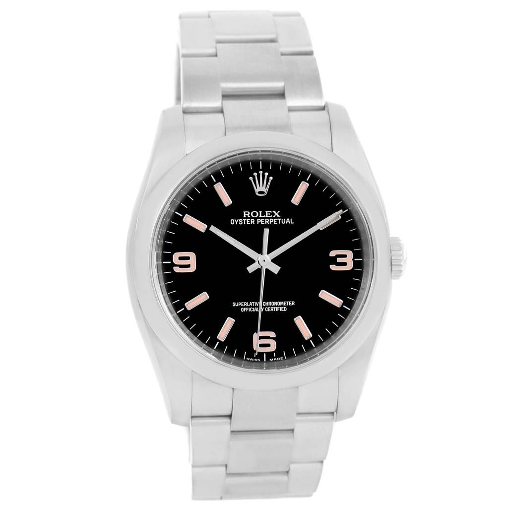 This is a front view of a Rolex Oyster Perpetual 116000 Men's Stainless Steel Black Dial 116000 Men's Stainless Steel Black Dial watch showcasing the dial, case, and bracelet.