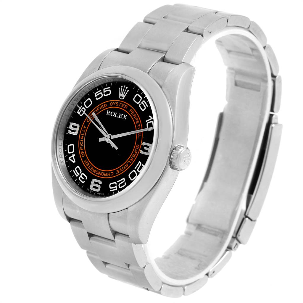 This image shows a Rolex Oyster Perpetual 116000 Men
s Stainless Steel Black Dial 116000 Men
s Stainless Steel Black Dial watch at a three-quarter angle, highlighting its face, band, and crown.