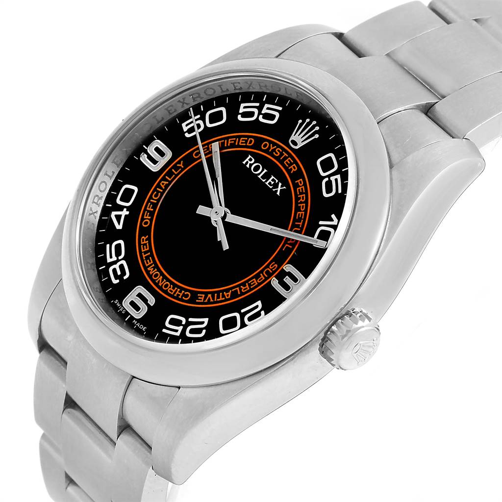 This image shows a side angle of the Rolex Oyster Perpetual 116000 Men
s Stainless Steel Black Dial 116000 Men
s Stainless Steel Black Dial watch, featuring the dial, crown, and part of the bracelet.