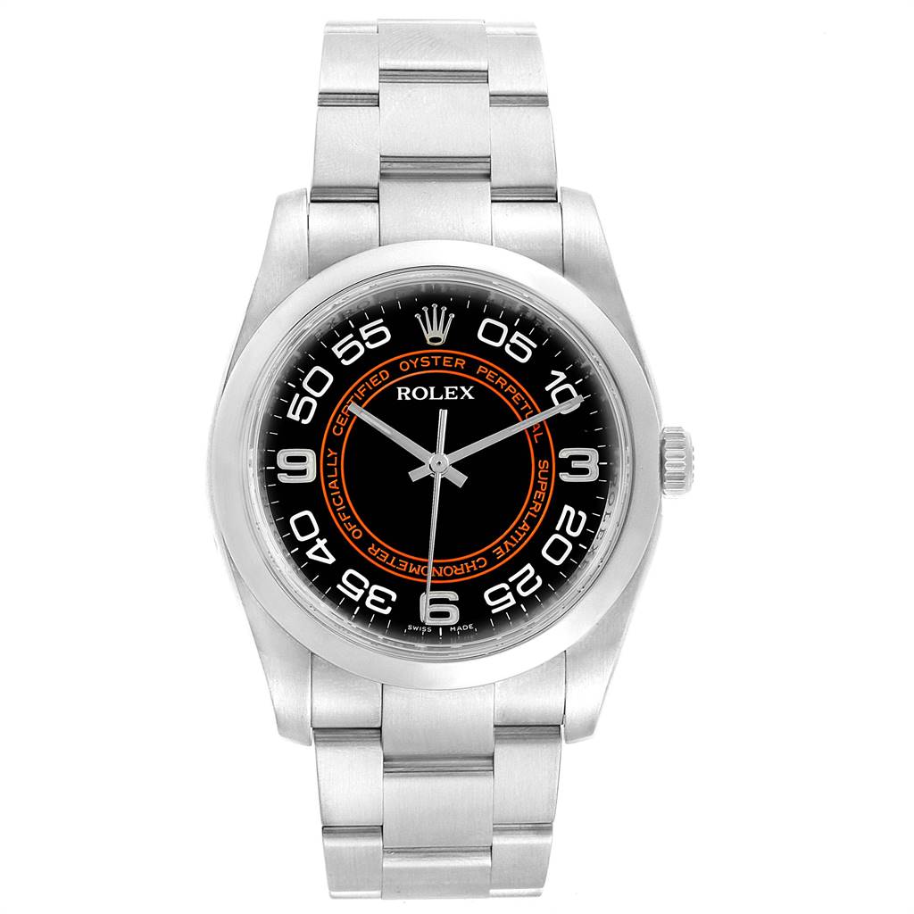 The image shows the front view of a Rolex Oyster Perpetual 116000 Men
s Stainless Steel Black Dial 116000 Men
s Stainless Steel Black Dial watch, including its dial, bezel, bracelet, and crown.