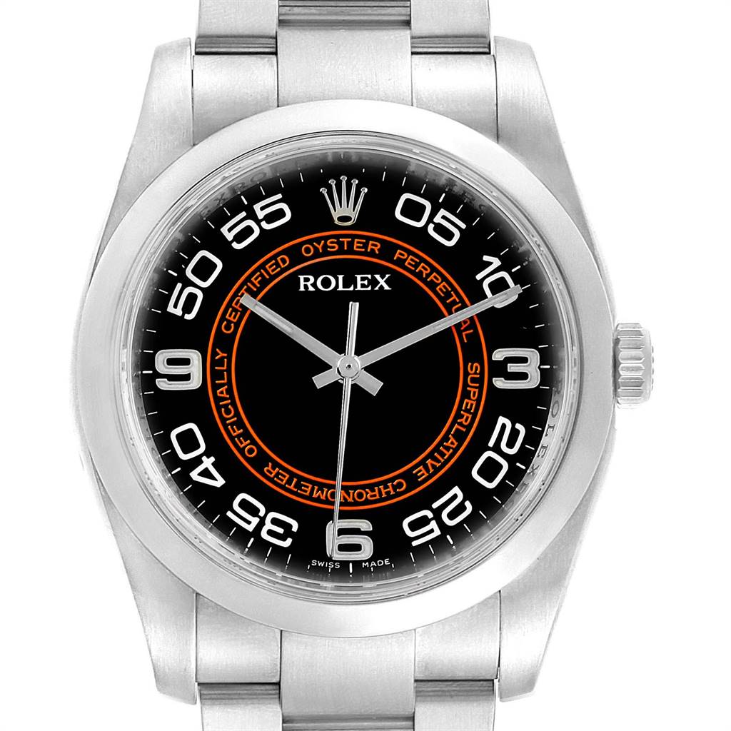 The image shows a front view of a Rolex Oyster Perpetual 116000 Men
s Stainless Steel Black Dial 116000 Men
s Stainless Steel Black Dial watch, highlighting the black dial, orange text, and stainless steel bracelet.