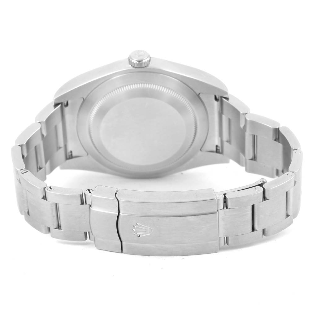 The image shows the back of the Oyster Perpetual model by Rolex, including the clasp and bracelet.