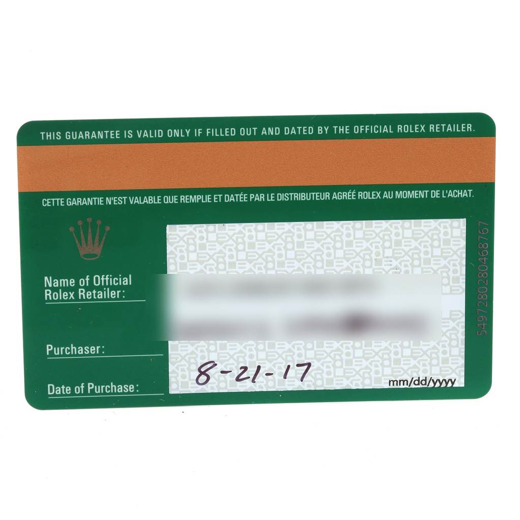 This is a warranty card for a Rolex Oyster Perpetual 114300 Men's Stainless Steel Blue Dial 114300 Men's Stainless Steel Blue Dial watch, showing purchase and retailer details.