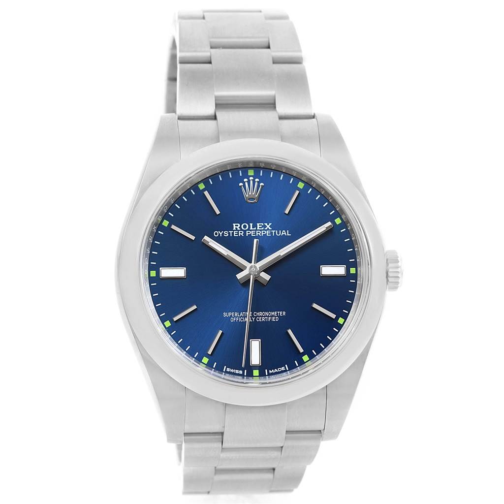 The image shows a front view of a Rolex Oyster Perpetual 114300 Men's Stainless Steel Blue Dial 114300 Men's Stainless Steel Blue Dial watch with a blue dial and stainless steel bracelet.