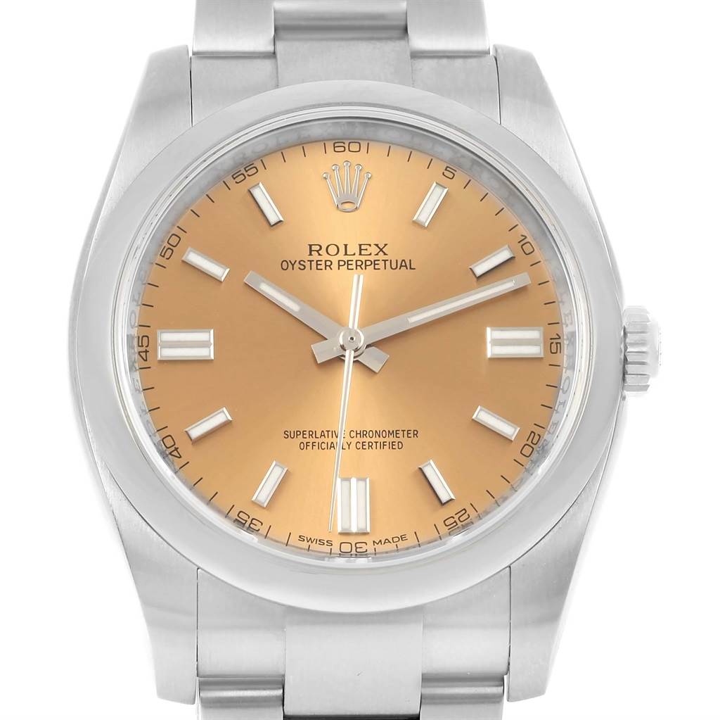 The image shows a front view of a Rolex Oyster Perpetual 116000 Men's Stainless Steel Champagne Dial 116000 Men's Stainless Steel Champagne Dial watch, highlighting its face and bracelet.