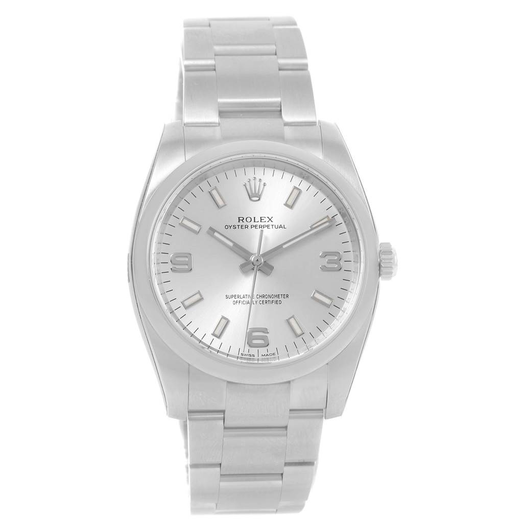 This image shows a front view of a Rolex Oyster Perpetual 114200 Men's Stainless Steel Silver Dial 114200 Men's Stainless Steel Silver Dial watch displaying the dial, case, and bracelet.