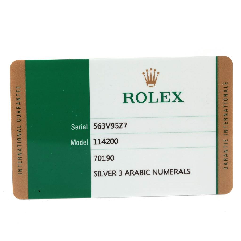 This is the international guarantee card for the Rolex Oyster Perpetual 114200 Men's Stainless Steel Silver Dial 114200 Men's Stainless Steel Silver Dial model 114200.