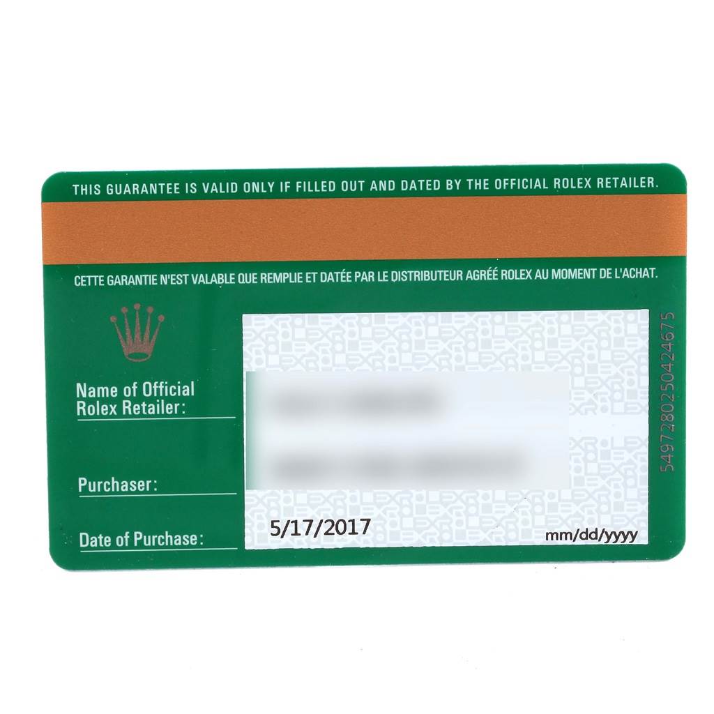 The image shows an Oyster Perpetual Rolex guarantee card with date of purchase and retailer information.