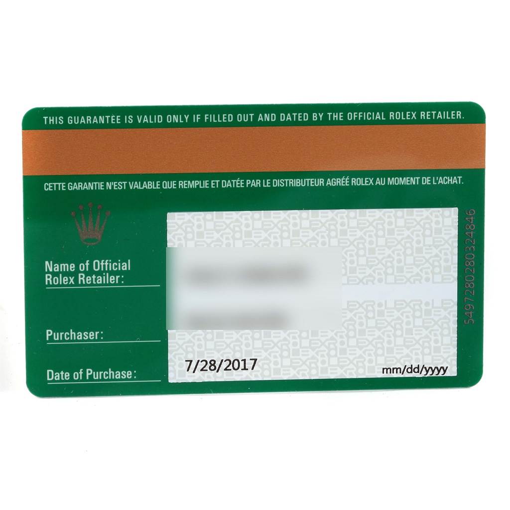 This image shows a guarantee card for the Rolex Oyster Perpetual 114200 Men's Stainless Steel Silver Dial 114200 Men's Stainless Steel Silver Dial model.