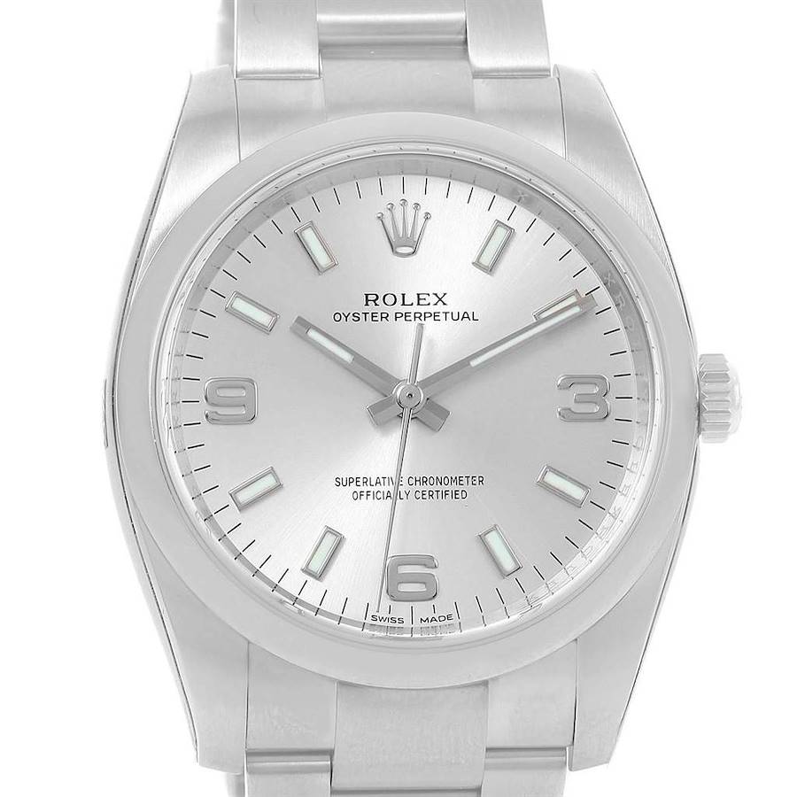 This image shows the Rolex Oyster Perpetual watch from the front, displaying the face, dial, hands, and part of the bracelet.