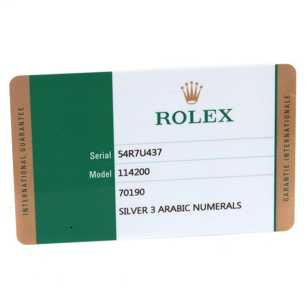 This is the warranty card for a Rolex Oyster Perpetual 114200 Men's Stainless Steel Silver Dial 114200 Men's Stainless Steel Silver Dial model 114200 with serial number 54R7U437.