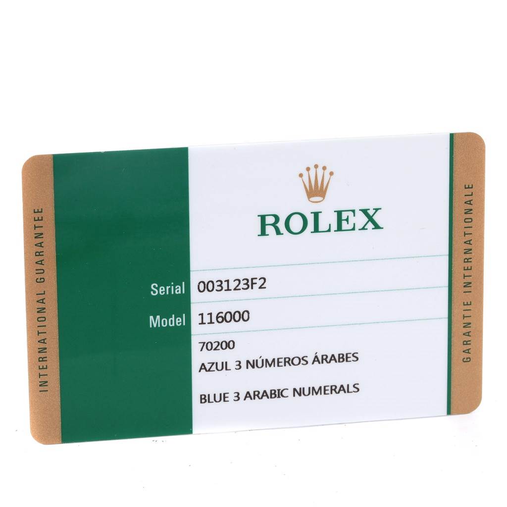 The image shows the international guarantee card for the Rolex Oyster Perpetual 116000 Men's Stainless Steel Blue Dial 116000 Men's Stainless Steel Blue Dial model 116000.