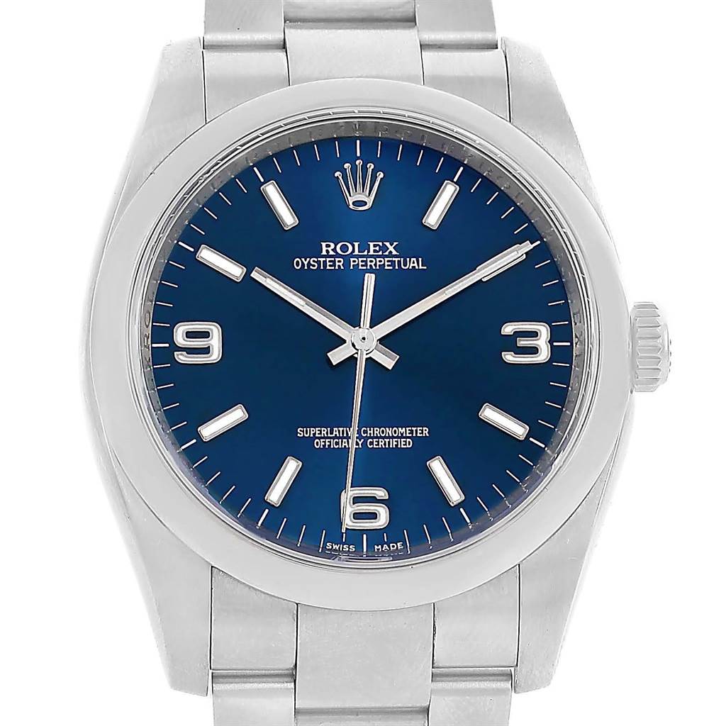 This image shows a frontal view of the Rolex Oyster Perpetual 116000 Men's Stainless Steel Blue Dial 116000 Men's Stainless Steel Blue Dial watch, highlighting its blue dial, indices, numerals, and bracelet.