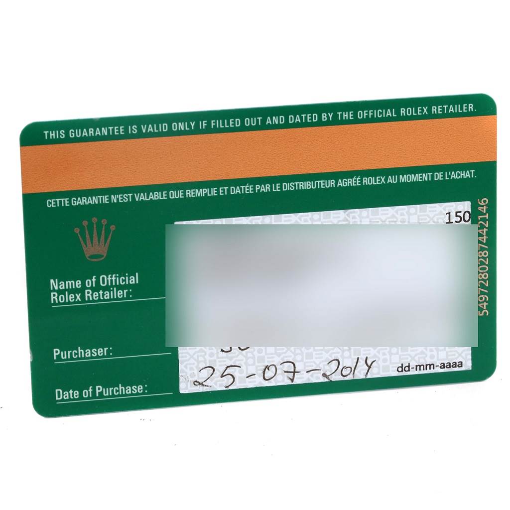 The image shows a warranty card for the Rolex Oyster Perpetual 116000 Men's Stainless Steel Blue Dial 116000 Men's Stainless Steel Blue Dial watch, with details such as the retailer name, purchaser, and date of purchase.