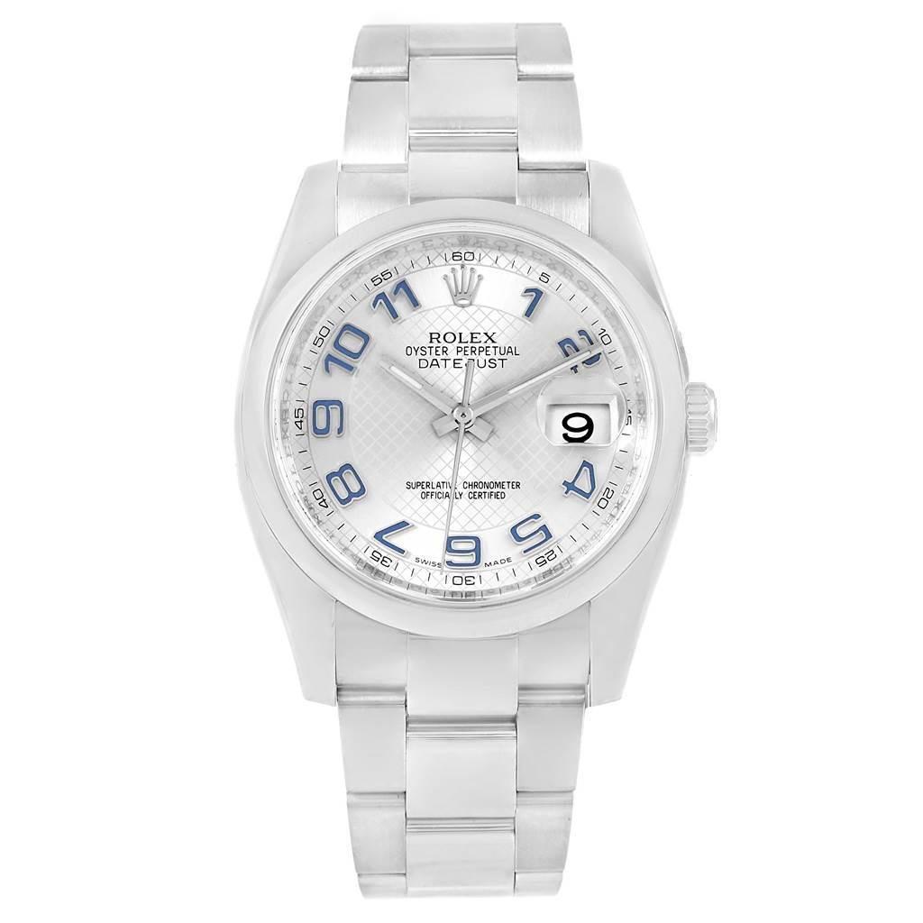 This image shows a front view of the Rolex Oyster Perpetual 116200 Men's Stainless Steel Silver Dial 116200 Men's Stainless Steel Silver Dial Datejust watch, highlighting the dial, hour markers, and bracelet.