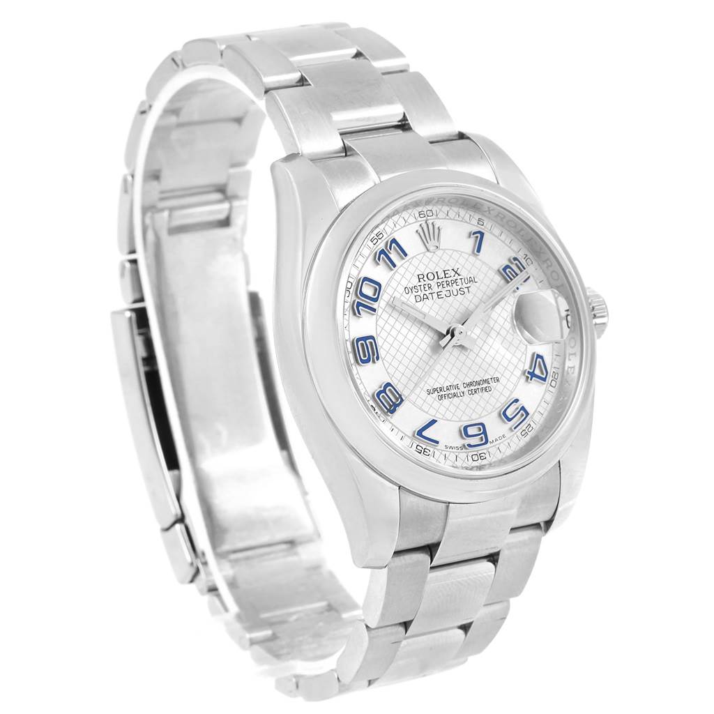 This image shows a Rolex Oyster Perpetual 116200 Men's Stainless Steel Silver Dial 116200 Men's Stainless Steel Silver Dial Datejust watch from a front angle, displaying its dial, bezel, and bracelet.