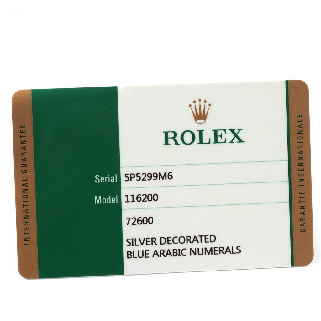 The image shows an International Guarantee card for the Rolex Oyster Perpetual 116200 Men's Stainless Steel Silver Dial 116200 Men's Stainless Steel Silver Dial model 116200 with serial 5P5299M6.
