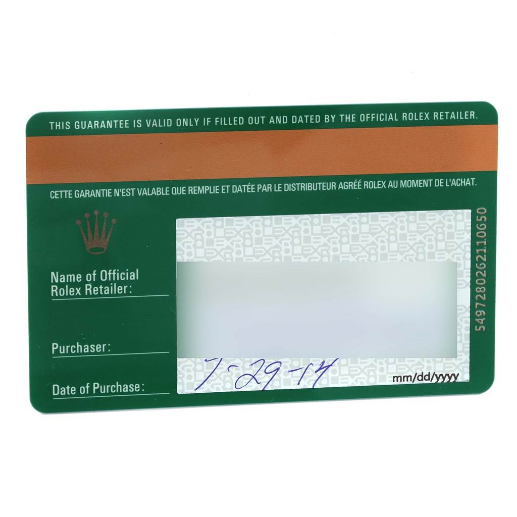 This image shows a green Rolex warranty card with information such as the retailer's name, purchaser, and date of purchase for the Rolex Oyster Perpetual 116200 Men's Stainless Steel Silver Dial 116200 Men's Stainless Steel Silver Dial.