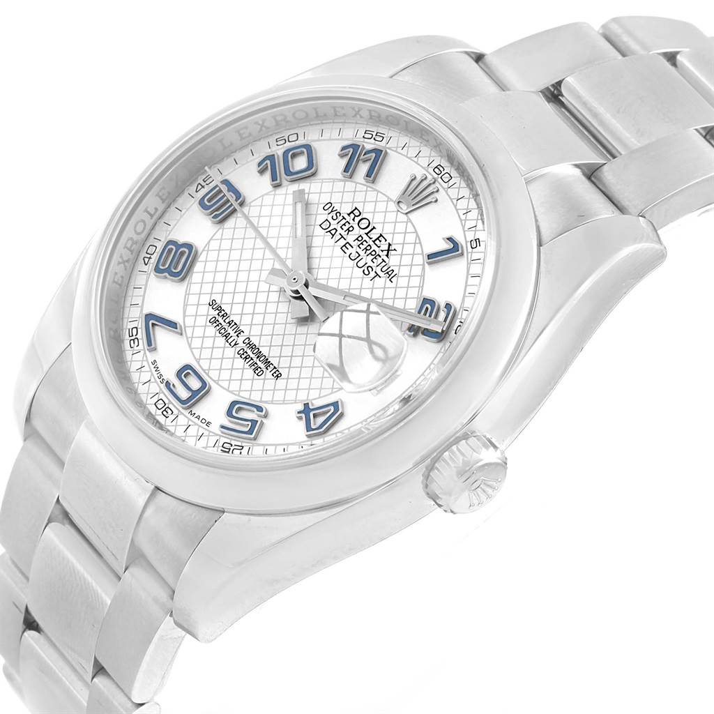 The image shows a close-up of the Rolex Oyster Perpetual 116200 Men's Stainless Steel Silver Dial 116200 Men's Stainless Steel Silver Dial watch, highlighting its dial, crown, and part of the bracelet at an angle.