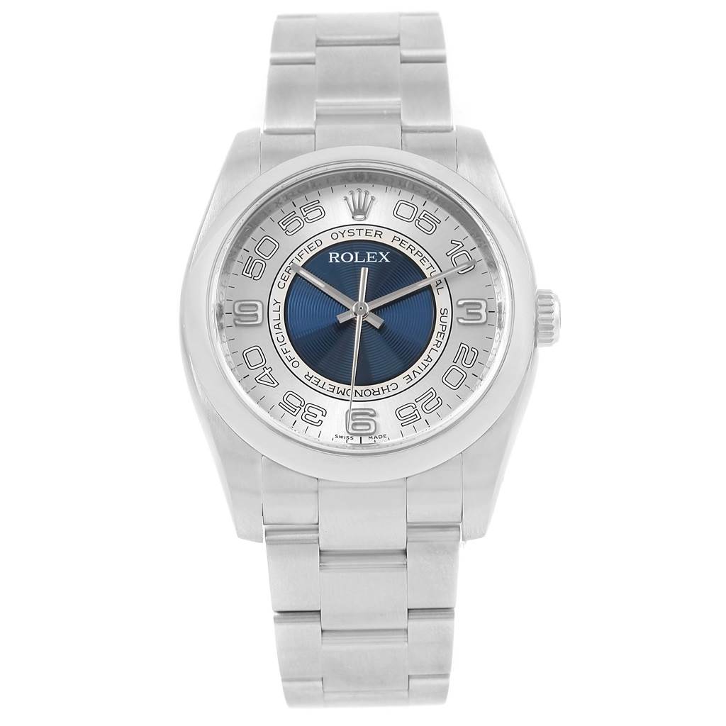 The Rolex Oyster Perpetual 116000 Men's Stainless Steel Silver Dial 116000 Men's Stainless Steel Silver Dial watch is shown from a front angle, displaying the face, bezel, dial, and bracelet.