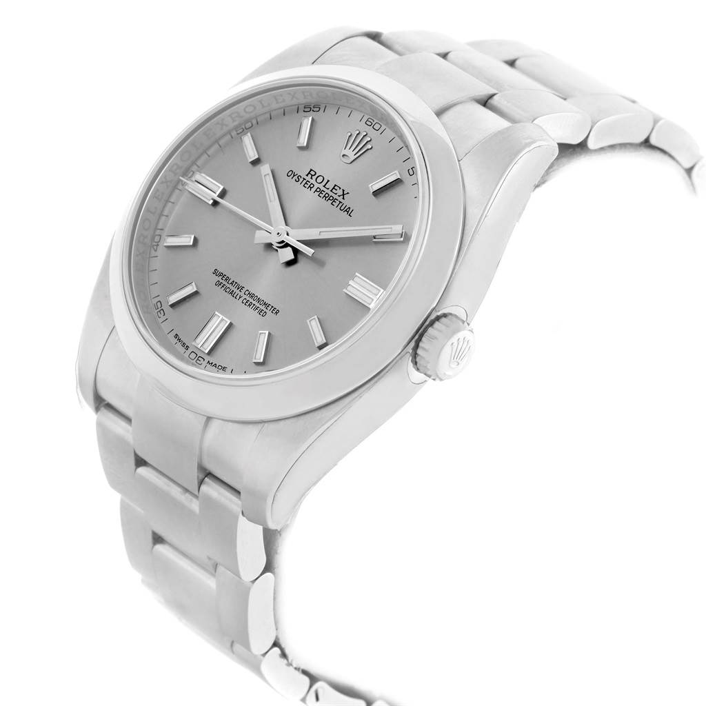 The image shows a side angle of a Rolex Oyster Perpetual 116000 Men's Stainless Steel Grey Dial 116000 Men's Stainless Steel Grey Dial watch, highlighting the dial, bezel, crown, and bracelet.