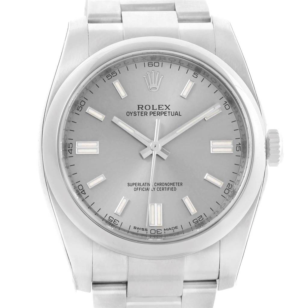 This image shows a frontal view of the Rolex Oyster Perpetual 116000 Men's Stainless Steel Grey Dial 116000 Men's Stainless Steel Grey Dial watch, highlighting the dial, hands, and part of the bracelet.