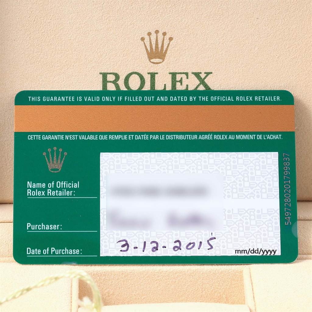 The image shows a warranty card for a Rolex Oyster Perpetual 116000 Men's Stainless Steel Grey Dial 116000 Men's Stainless Steel Grey Dial, featuring the brand's logo and purchase details.