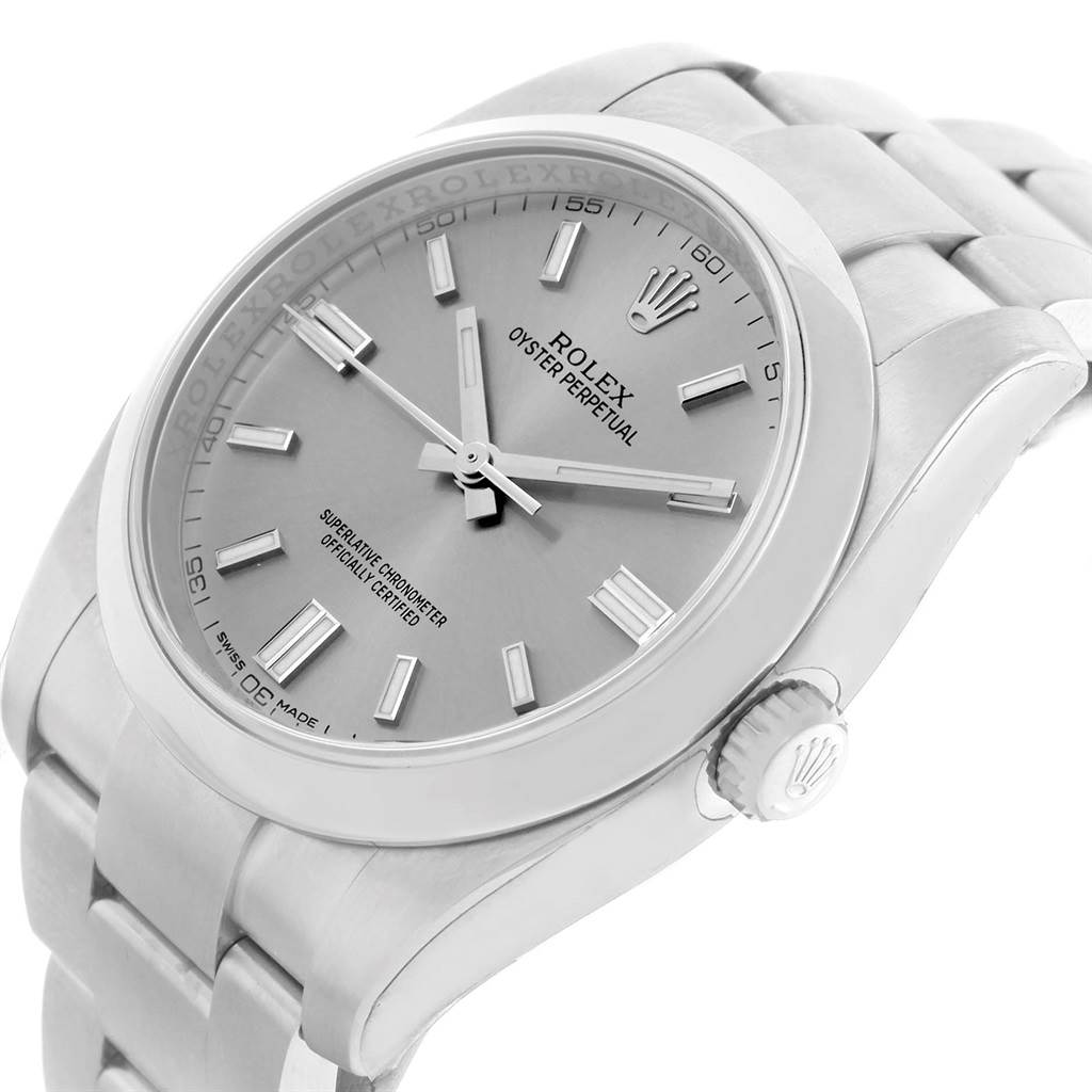 The image shows a close-up, angled view of a Rolex Oyster Perpetual 116000 Men's Stainless Steel Grey Dial 116000 Men's Stainless Steel Grey Dial watch, highlighting the dial, bezel, crown, and bracelet.