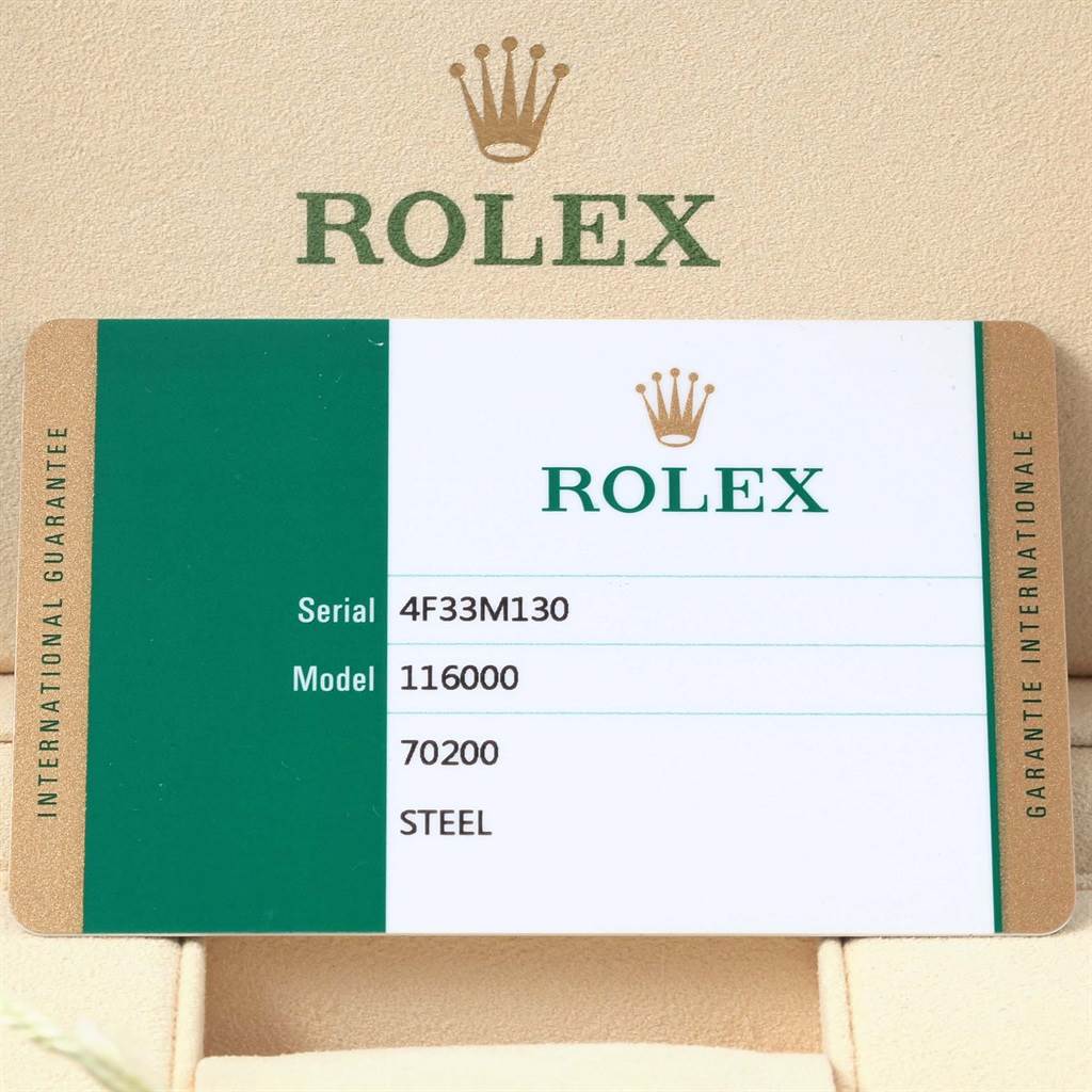 The image shows the guarantee card for the Rolex Oyster Perpetual 116000 Men's Stainless Steel Grey Dial 116000 Men's Stainless Steel Grey Dial model 116000.