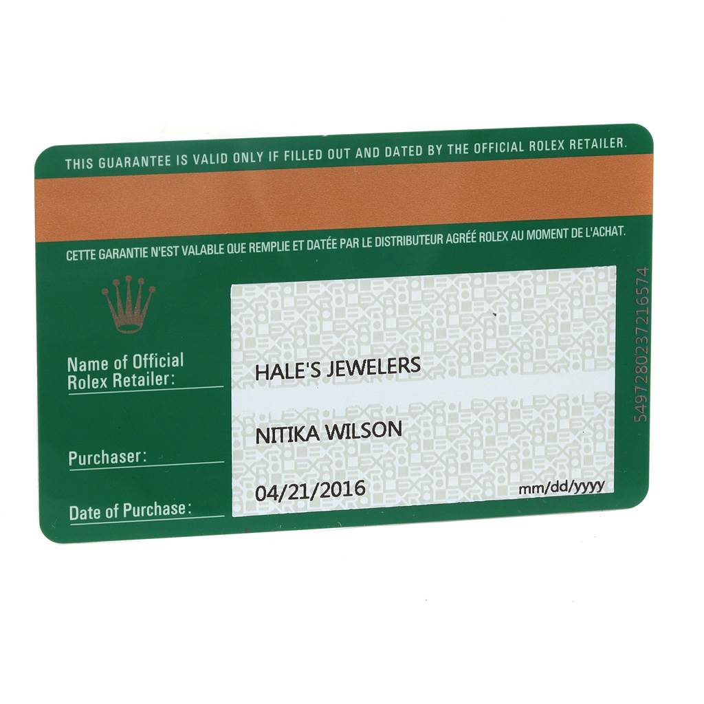 The image shows a guarantee card for the Rolex Oyster Perpetual 116000 Stainless Steel Champagne Dial 116000 Stainless Steel Champagne Dial watch.